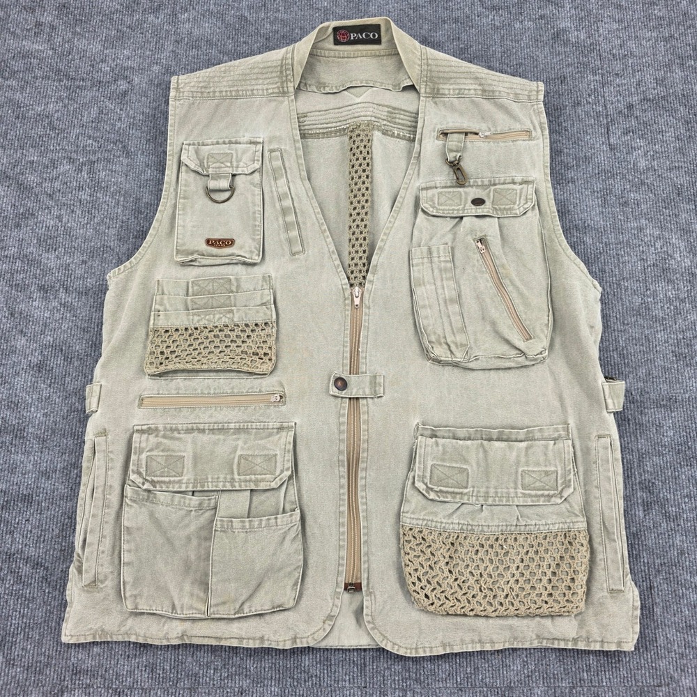 Paco Mens Utility Fishing Vest Khaki Tan Cotton Multi-Pocket Mesh Gilet Size M/L